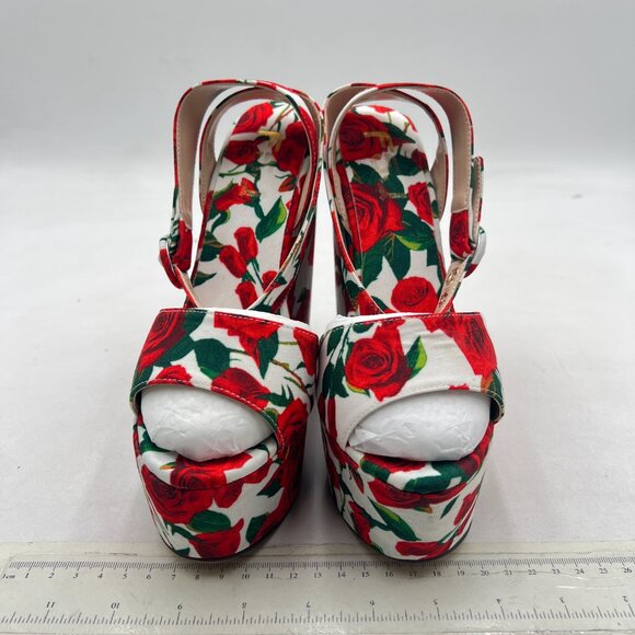 FSJ Red Rose Floral Heels Ankle Strap Platform Wedge Sandals - Picture 3 of 8